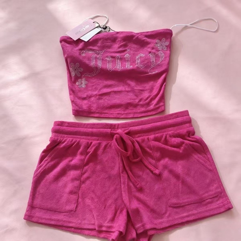 Juicy Couture Hot Pink Velour Strapless Bandeau & Lounge Shorts Set